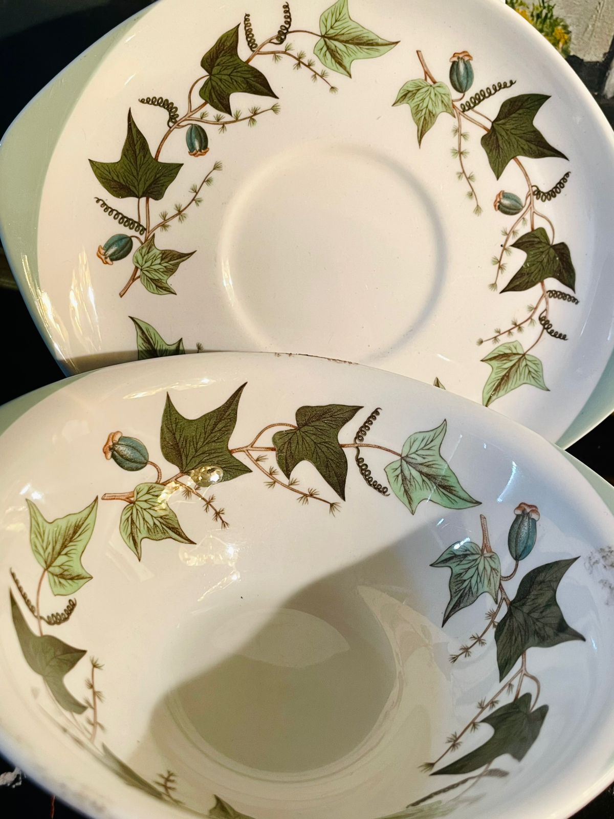 Vintage Ivy Leaf Pattern Soup Bowl & Saucer Set – Elegant English Porcelain