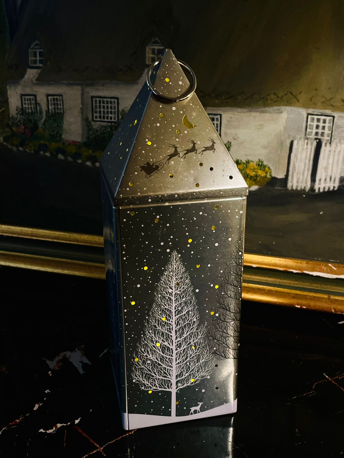 Christmas Decorative silver Lantern Tin Box – Santa Sleigh & Winter Tree Design (22cm)