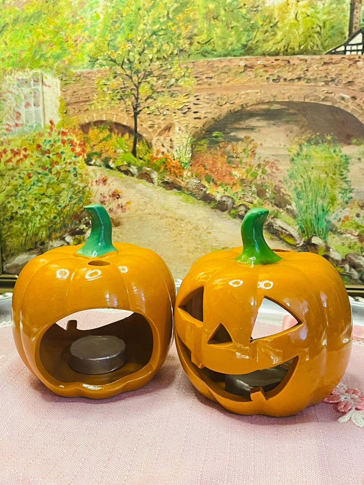 Holiday Ceramic Outdoor Halloween pumpkins face ,Lighted Fairy Garden Pumpkins