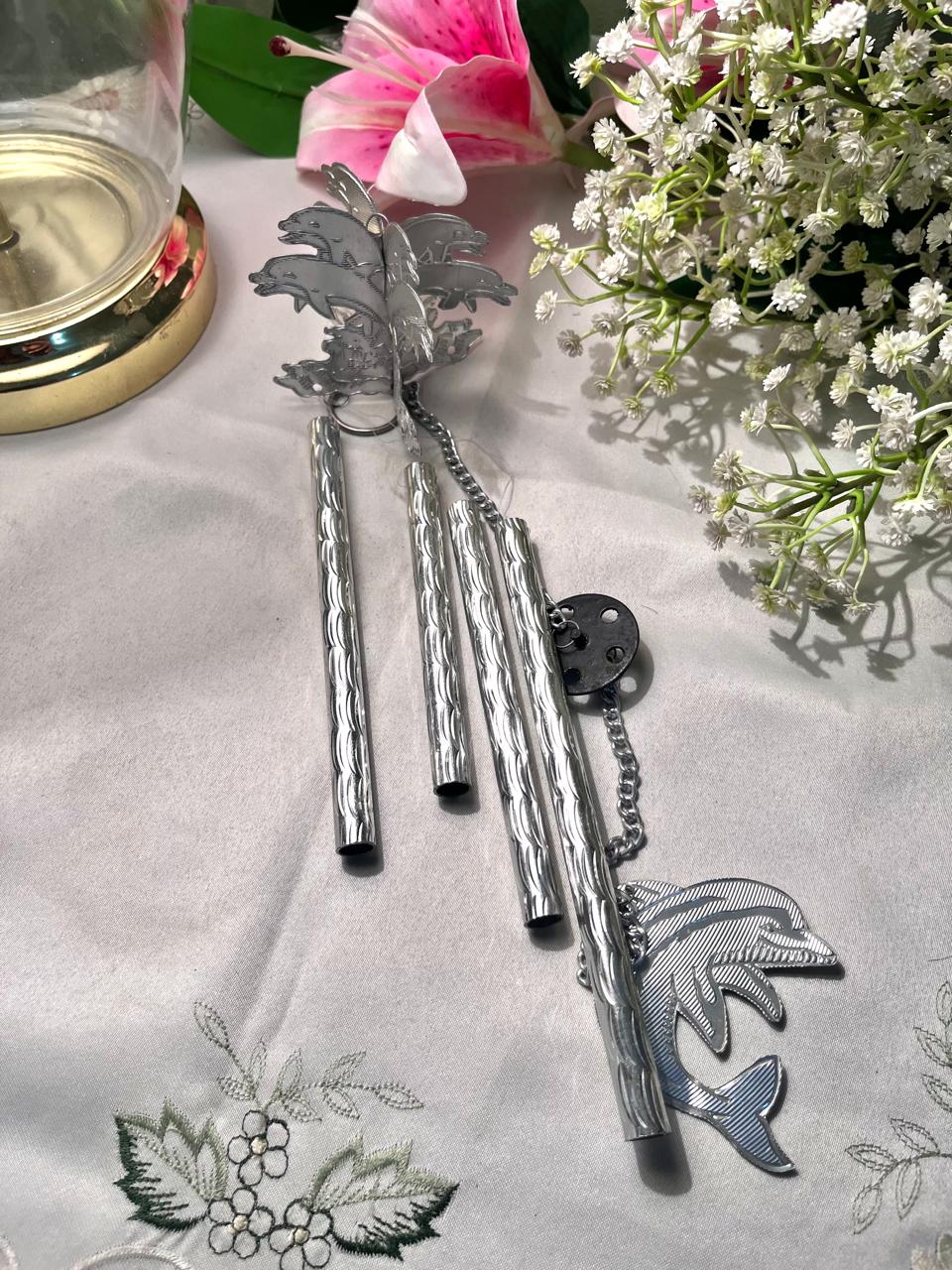 Silver Dolphin Wind Chime Hanging Decor 13 Inch