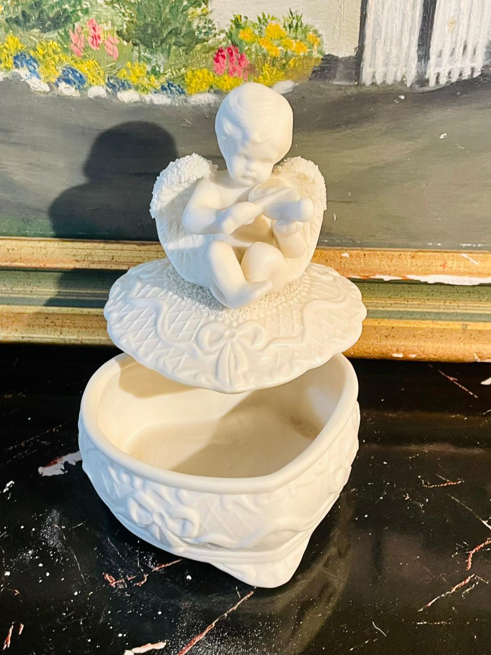 Ceramic Heart-Shaped Trinket Box with Angel Figurine – Decorative Jewelry Storage