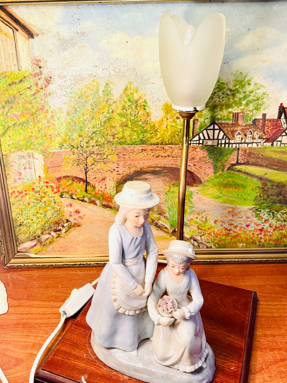 Antique Porcelain Dolls Figurine Lamp with Wooden Base – Early 1900s Style