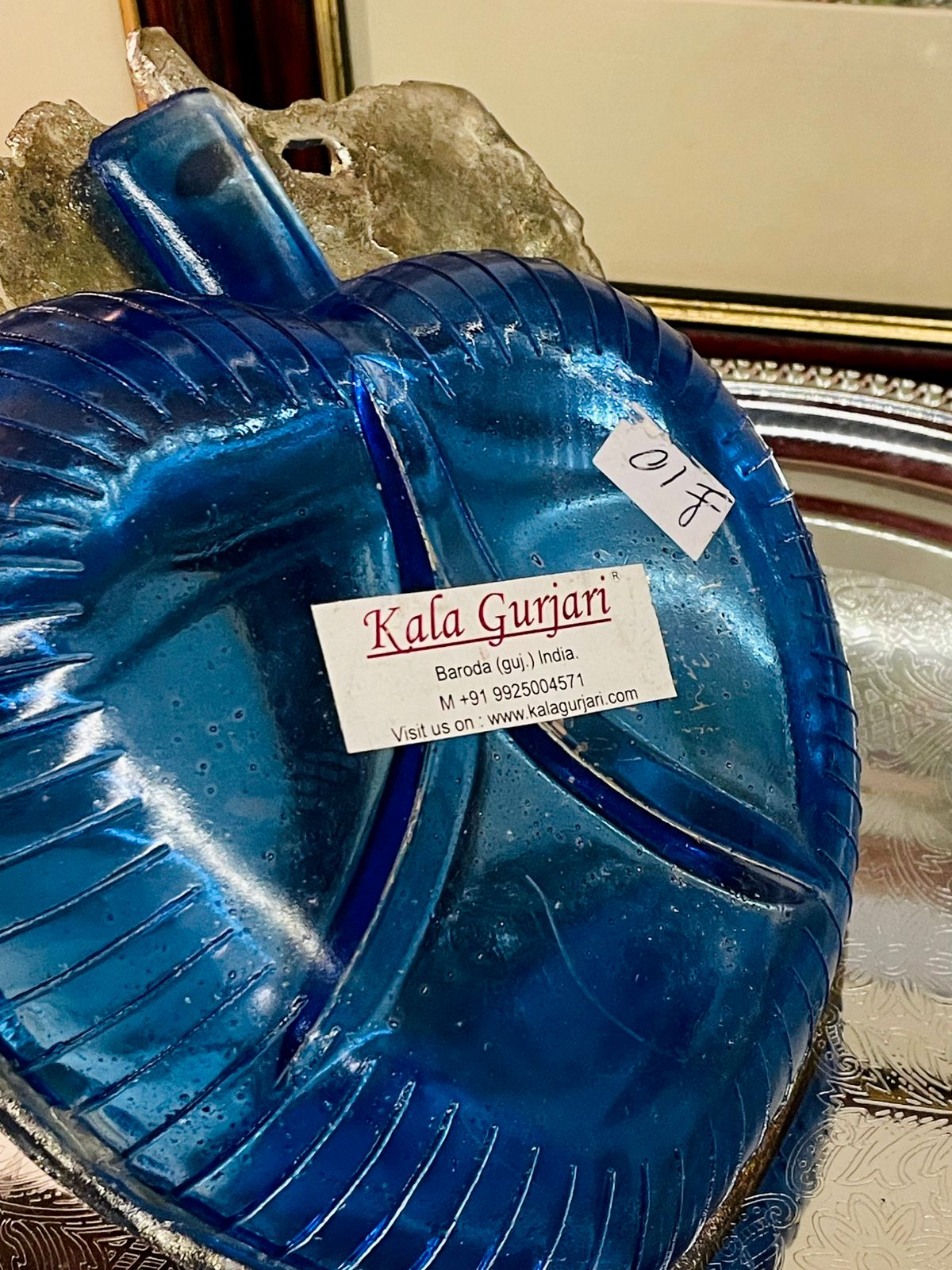 Blue Glass & Metal Leaf-Shape Divided Serving Dish, Silverware