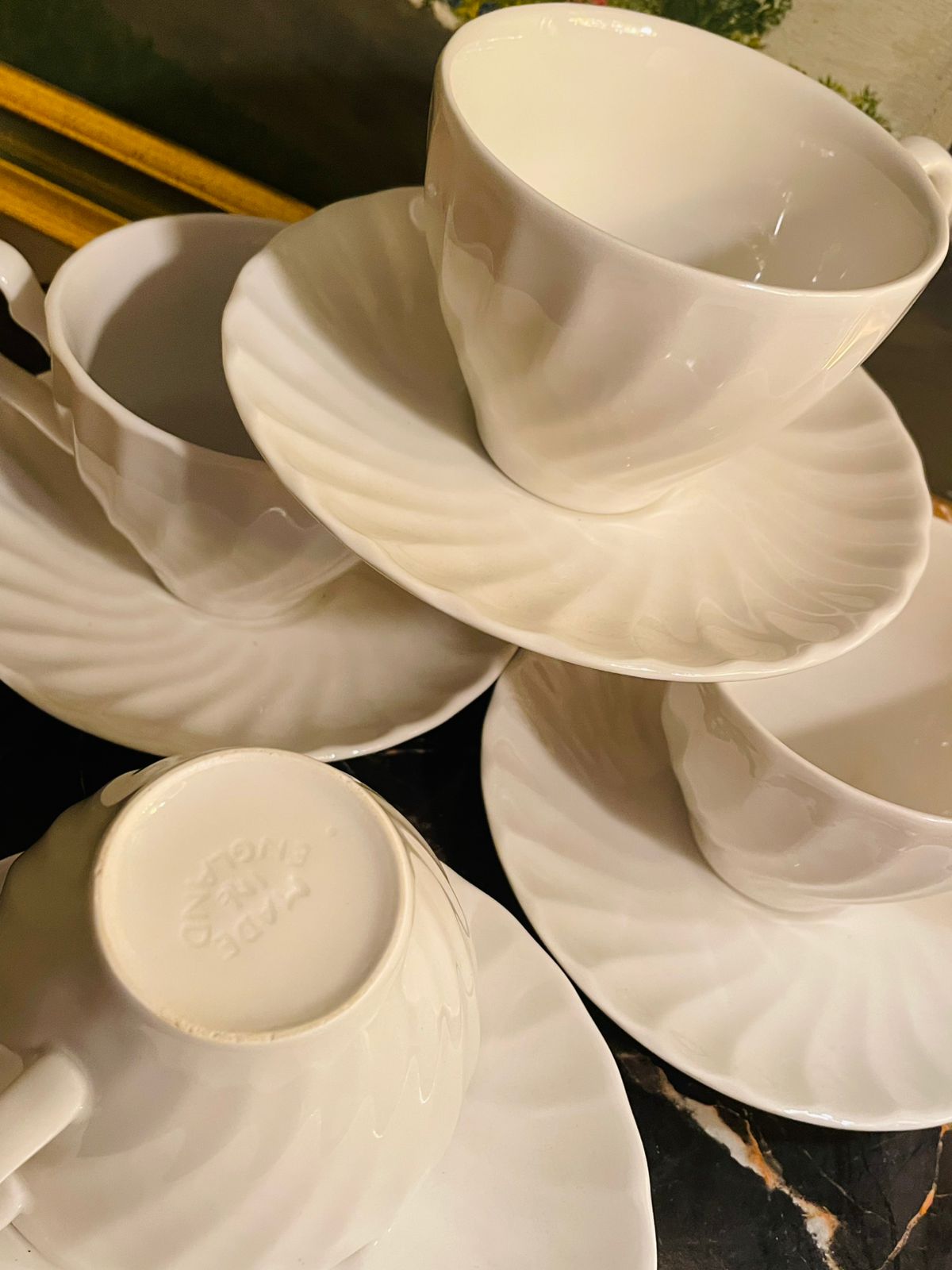 Set of 4 Vintage Johnson Brothers “Snowy White” Tea Cups & Saucers – Made in England