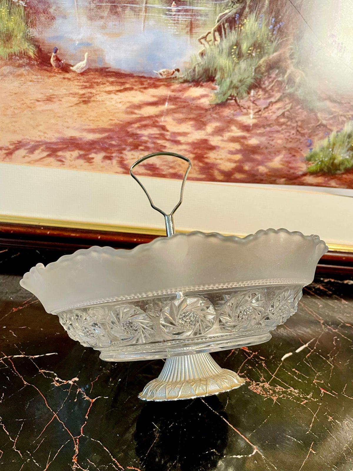 Vintage England Crystal Glass Dessert / Fruit Stand – Frosted & Cut Glass with Handle