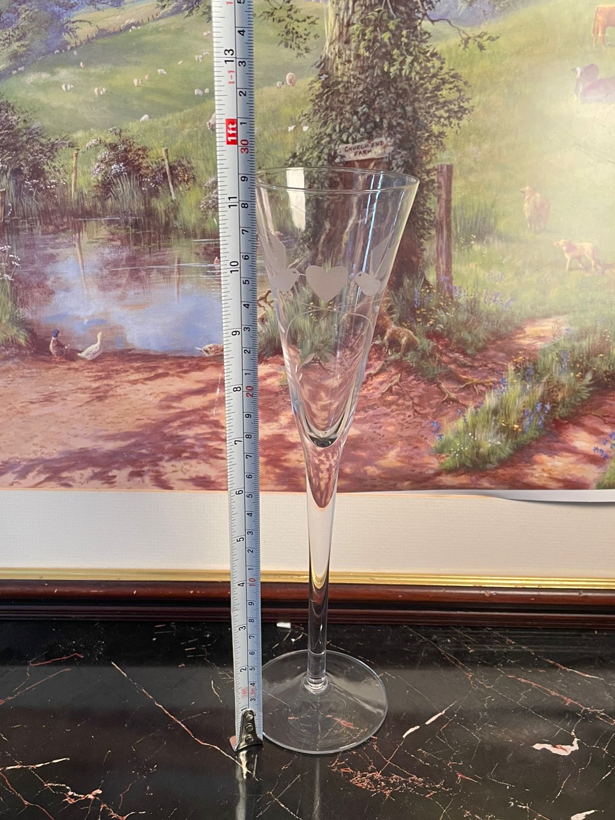 Pair of Tall Crystal Champagne Flutes – Etched Heart & Dove Design