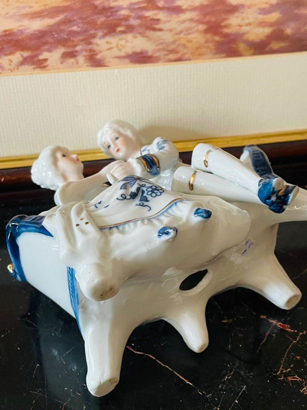 Victorian Couple Figurine – Blue & White with Gold Detailing (England) Blue Pottery Home Decor