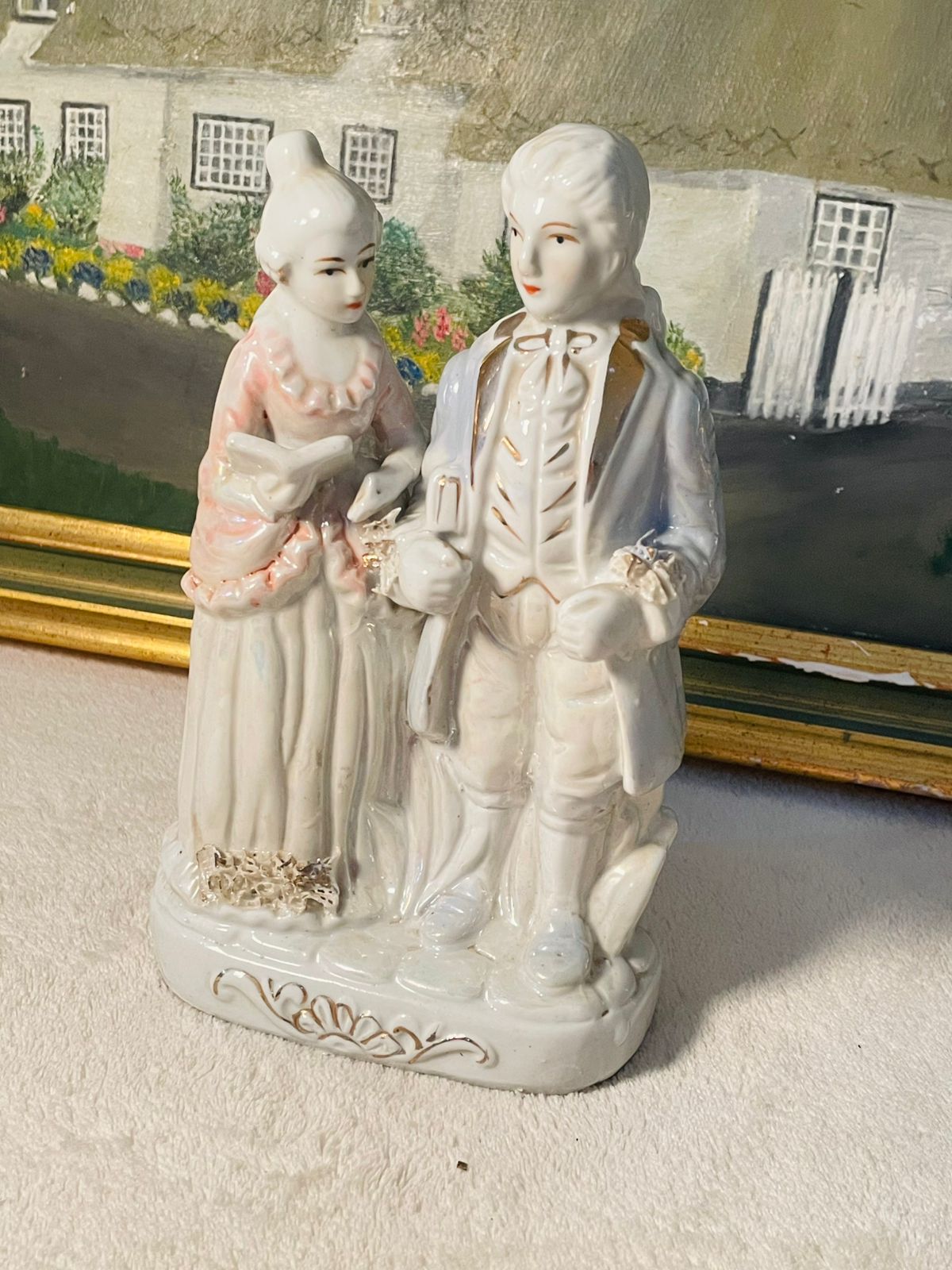 Vintage Lusterware Victorian Couple Figurine – Porcelain Romantic Scene –
