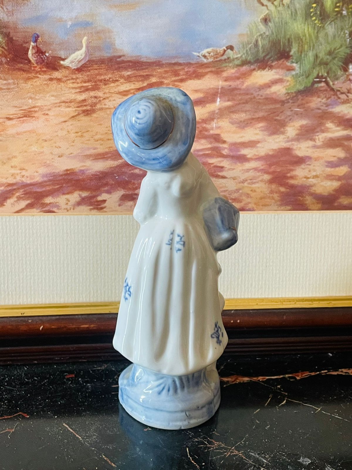 Vintage Porcelain Lady Figurine with Dog – Blue & White Glaze (England) Blue Pottery Home Decor