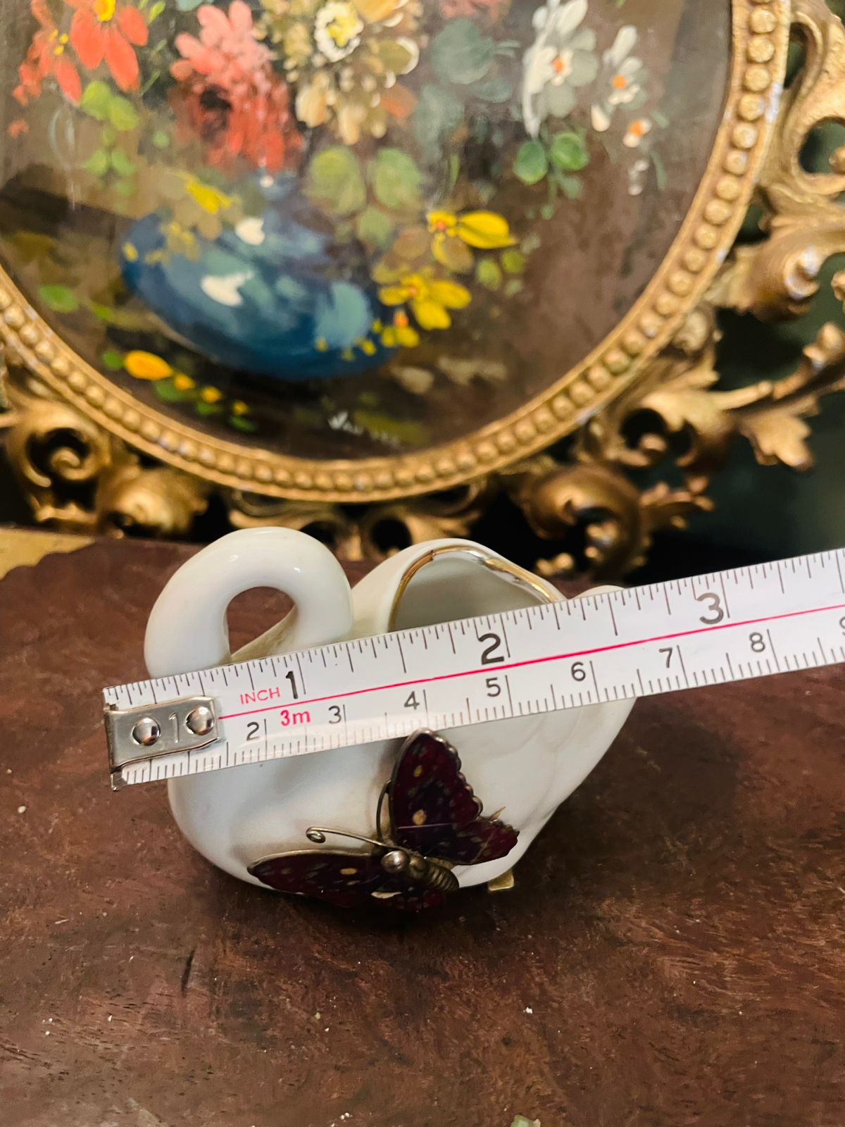 Vintage Porcelain Swan Vase with Butterfly Accent