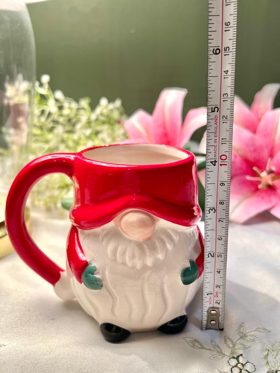 Hand painted Christmas Santa Gnome Ceramic Mug – Red & White, 10cm