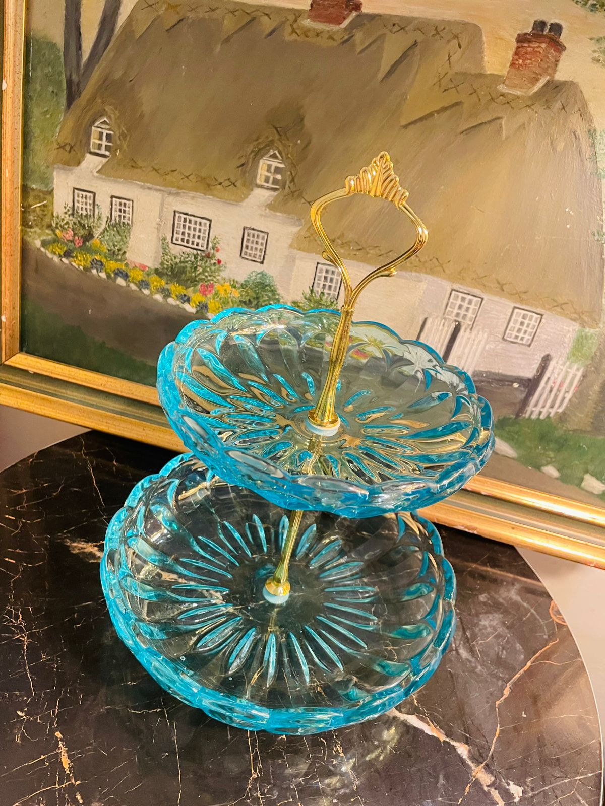 Attractive Vintage Two-Tier Blue Glass Cake Plate – Made in England
