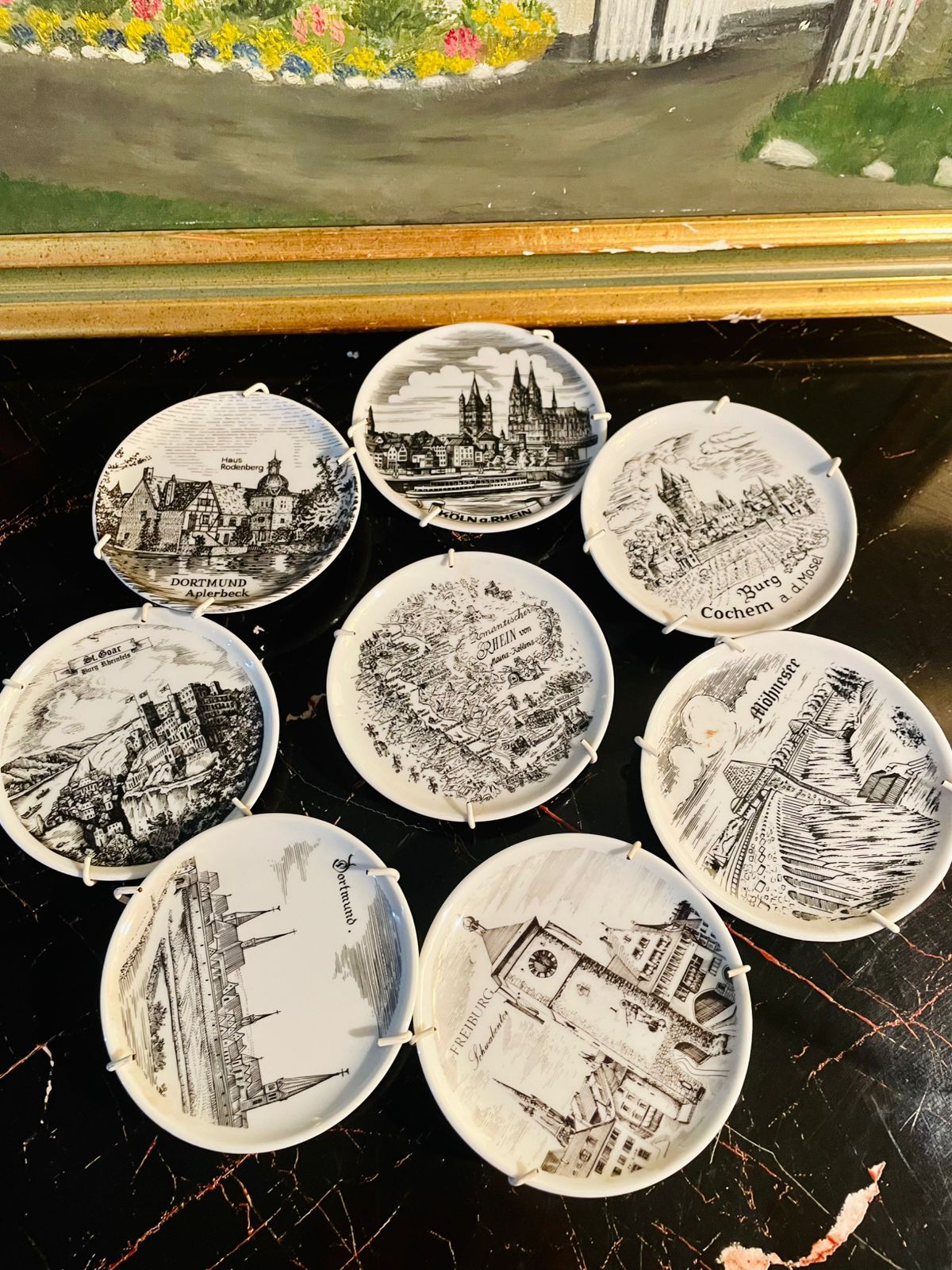 Vintage German Souvenir Porcelain Decor Plate – Mini wall decor plate - Black & White City & Castle Illustrations