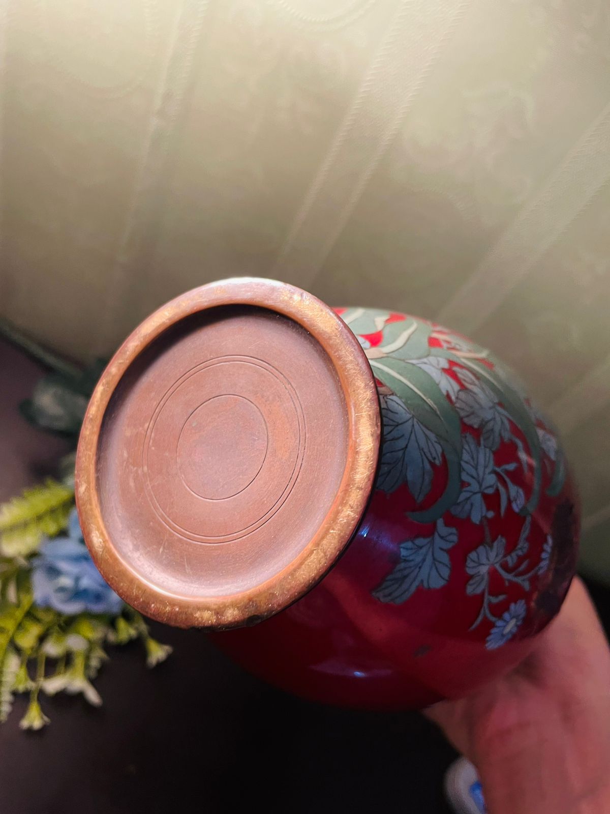 Vintage Red Cloisonné Vase with White Lily Design