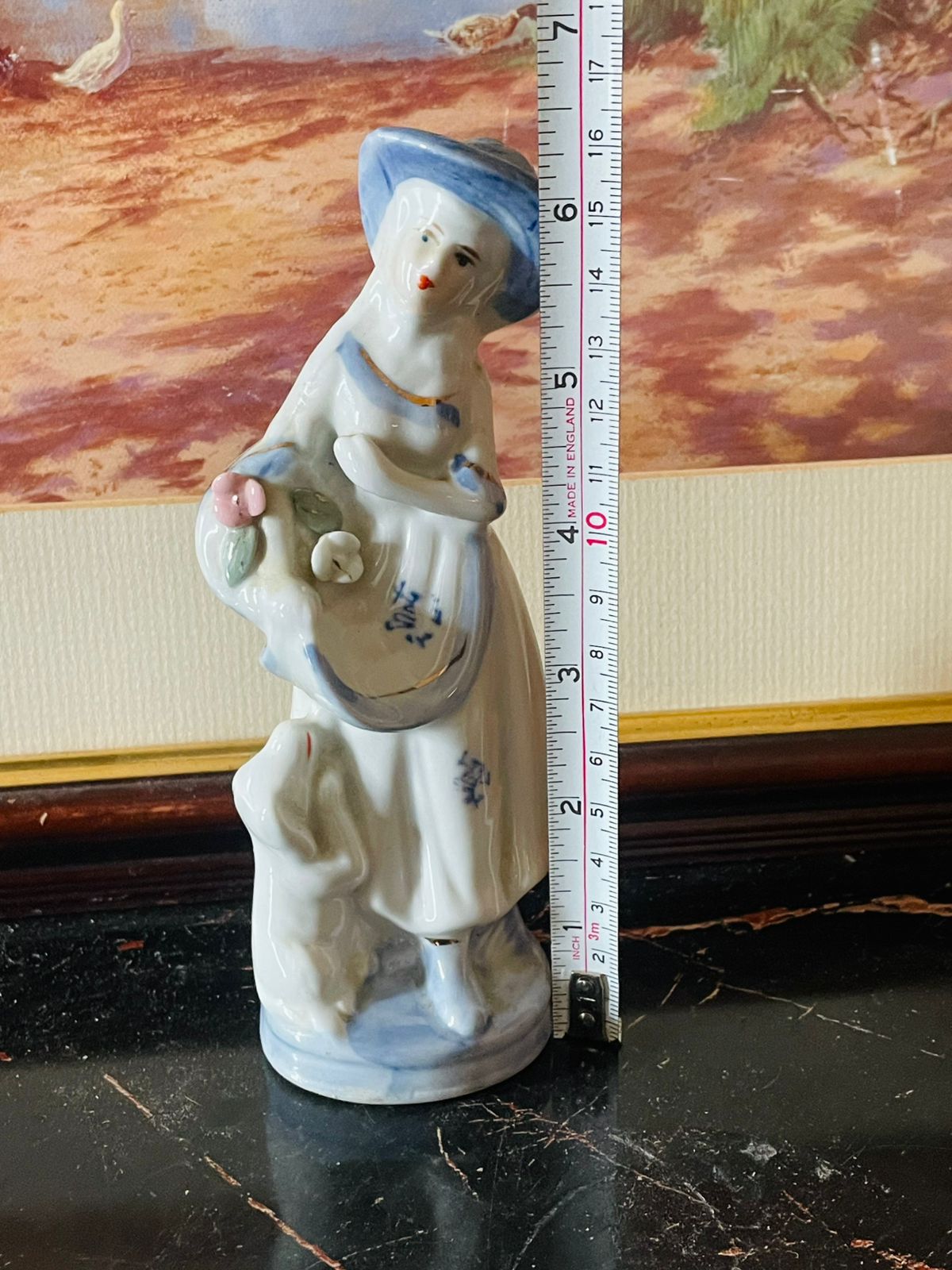 Vintage Porcelain Lady Figurine with Dog – Blue & White Glaze (England) Blue Pottery Home Decor