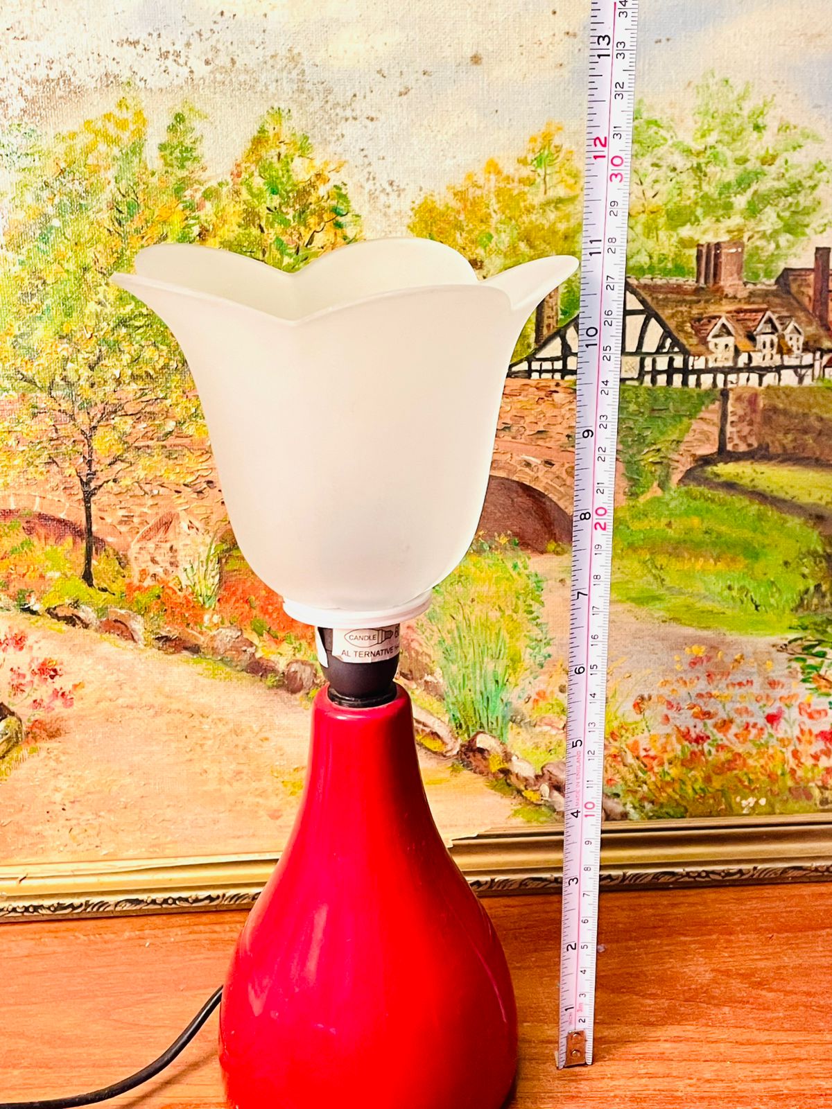 Vintage Ceramic Table Lamp with Red Base & Glass Globe – Single Piece