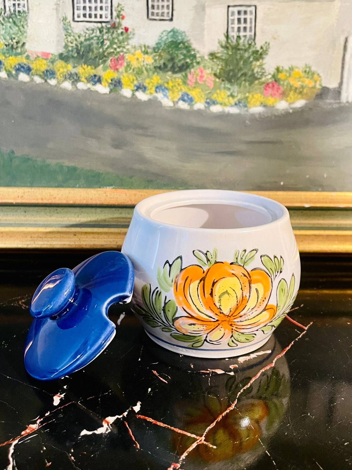Hand-Painted Ceramic Sugar Jar with Lid – Floral Design, 10cm