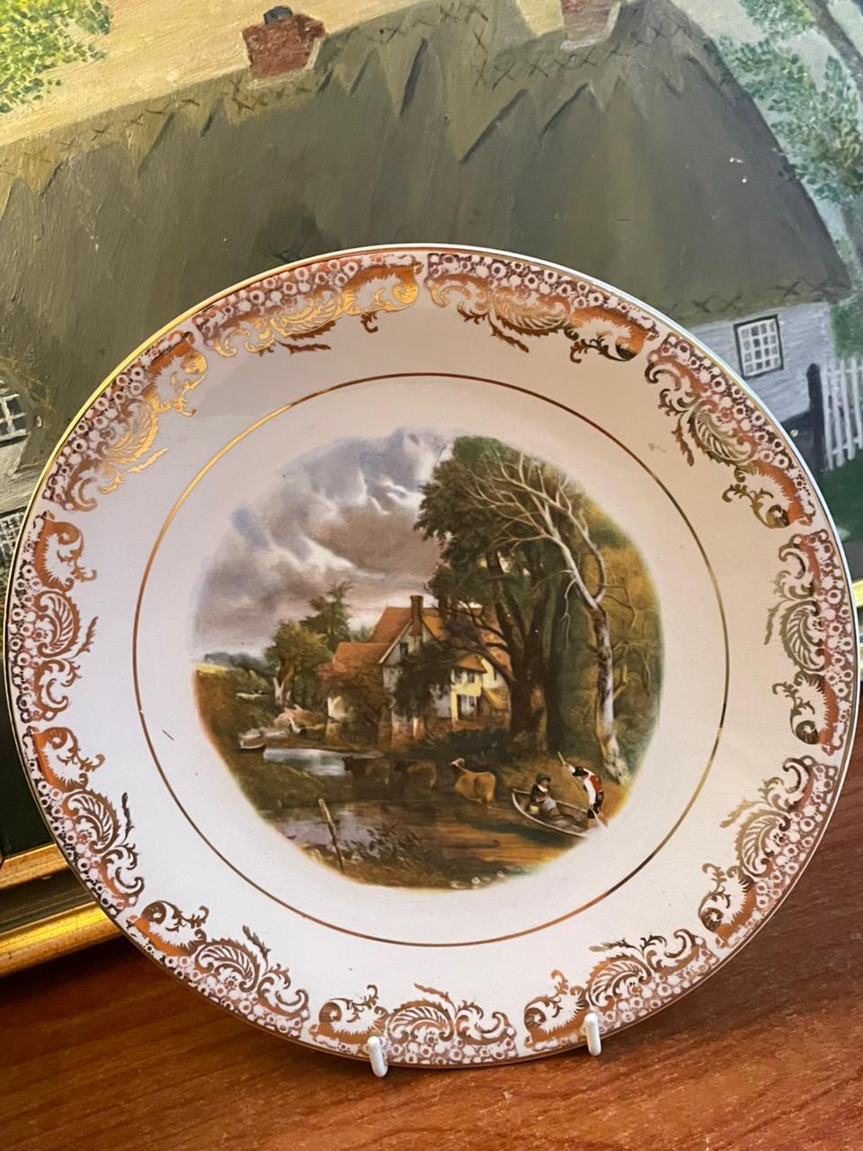Vintage Cottage Scene Plate | 10" | Made in England | Gold Gilded