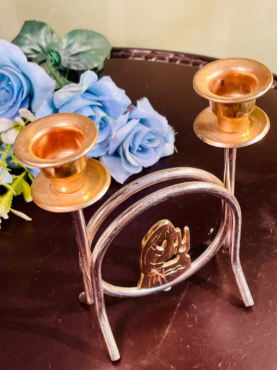 Vintage Silver & Brass Double Candle Holder 18cm