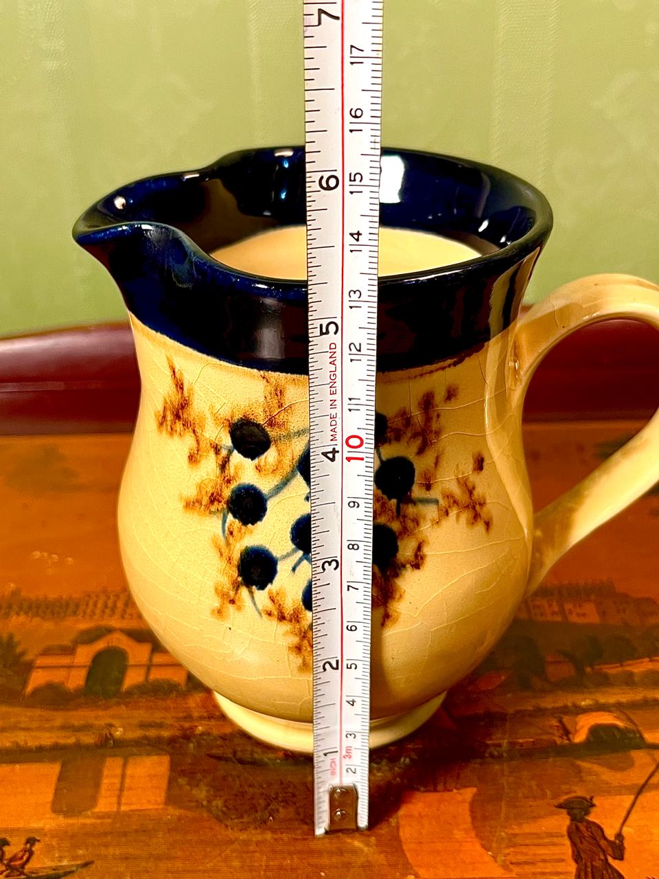 Vintage Handcrafted Stoneware Milk Jug | Blue Rim Creamer Pitcher