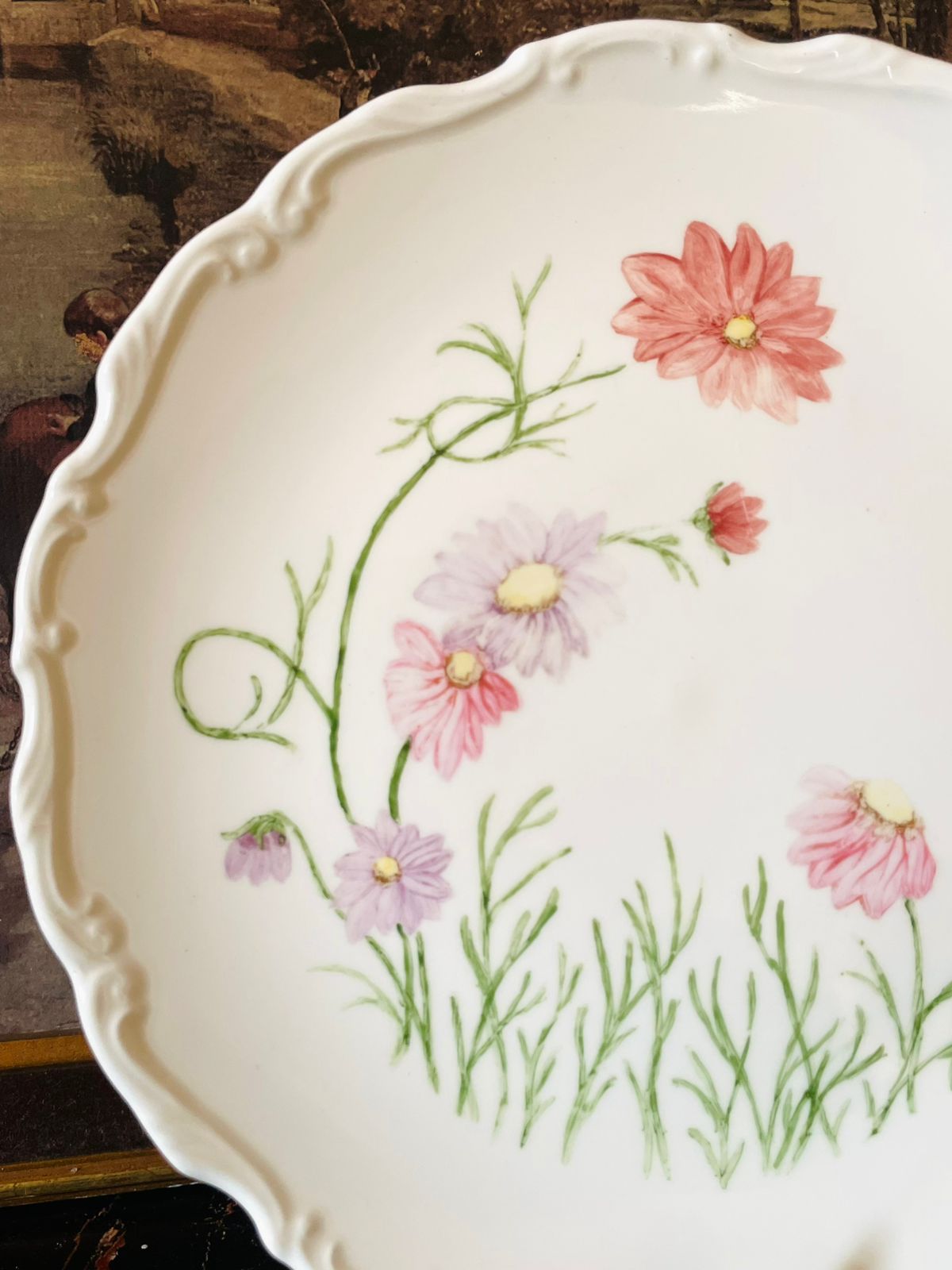 Vintage Hand-Painted Wildflower Plate – Pastel Pink & Lavender Cosmos on Scalloped Porcelain