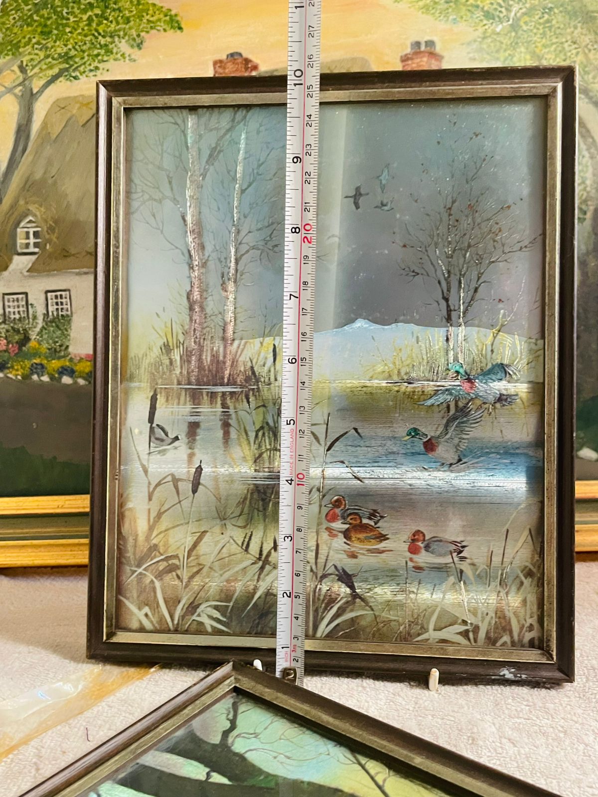 Set of 2 Vintage Holographic Flying Geese on Lake Art– 3D Illustration Frames