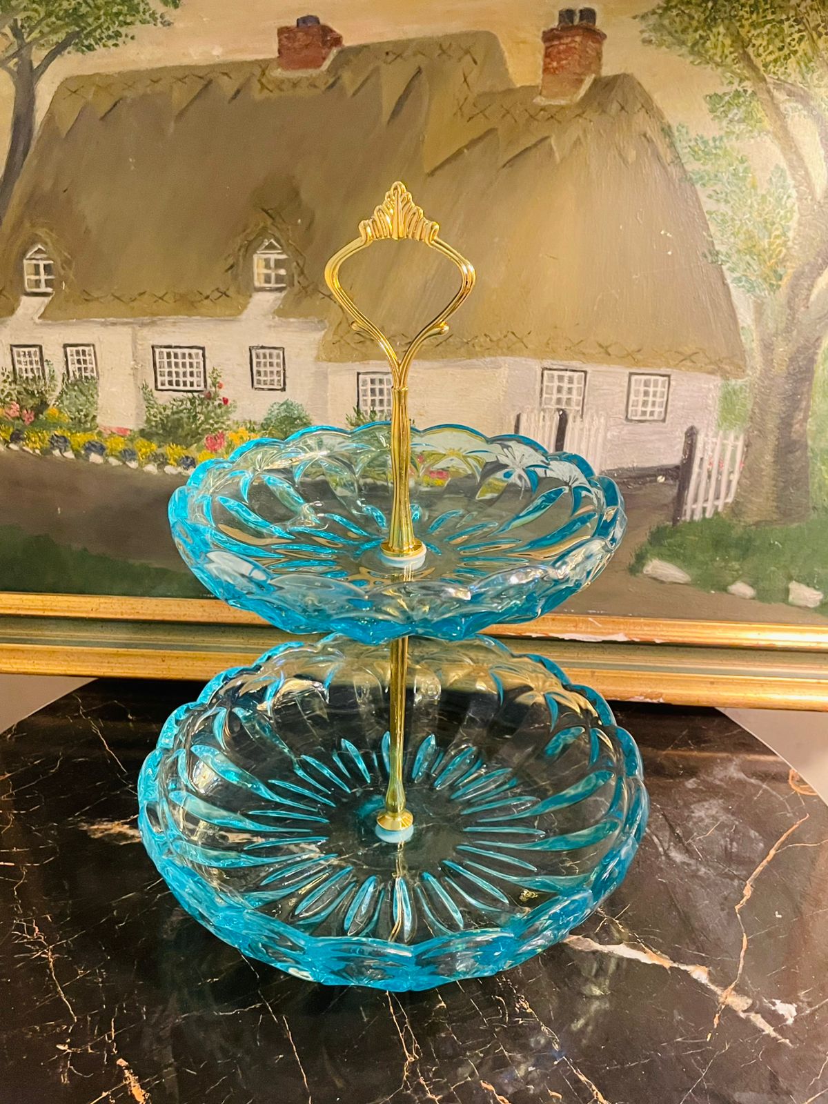 Attractive Vintage Two-Tier Blue Glass Cake Plate – Made in England