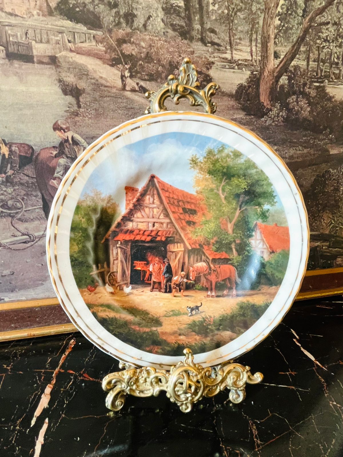 Vintage Grindley Staffordshire “Village Stable Scene” Plate – English Countryside Horse & Cottage Art