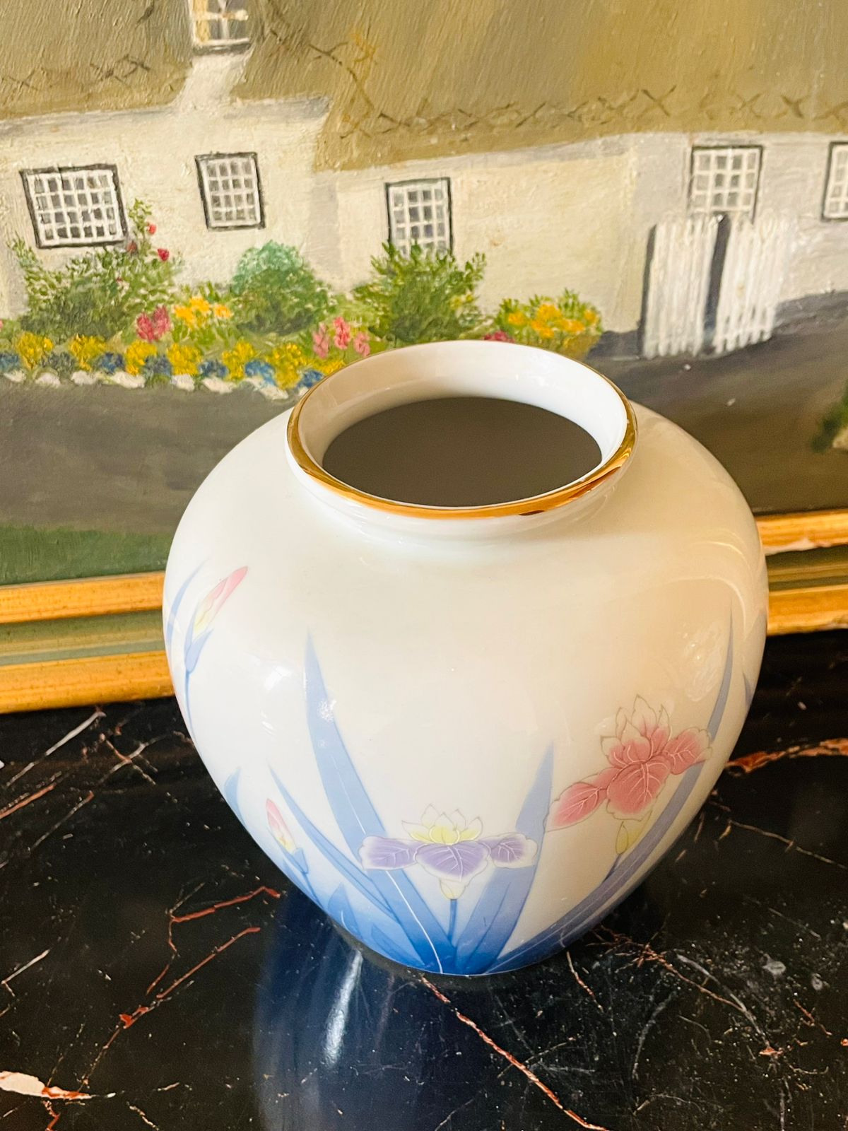 Vintage Japanese Porcelain Vase – Pastel Irises with Gold Rim