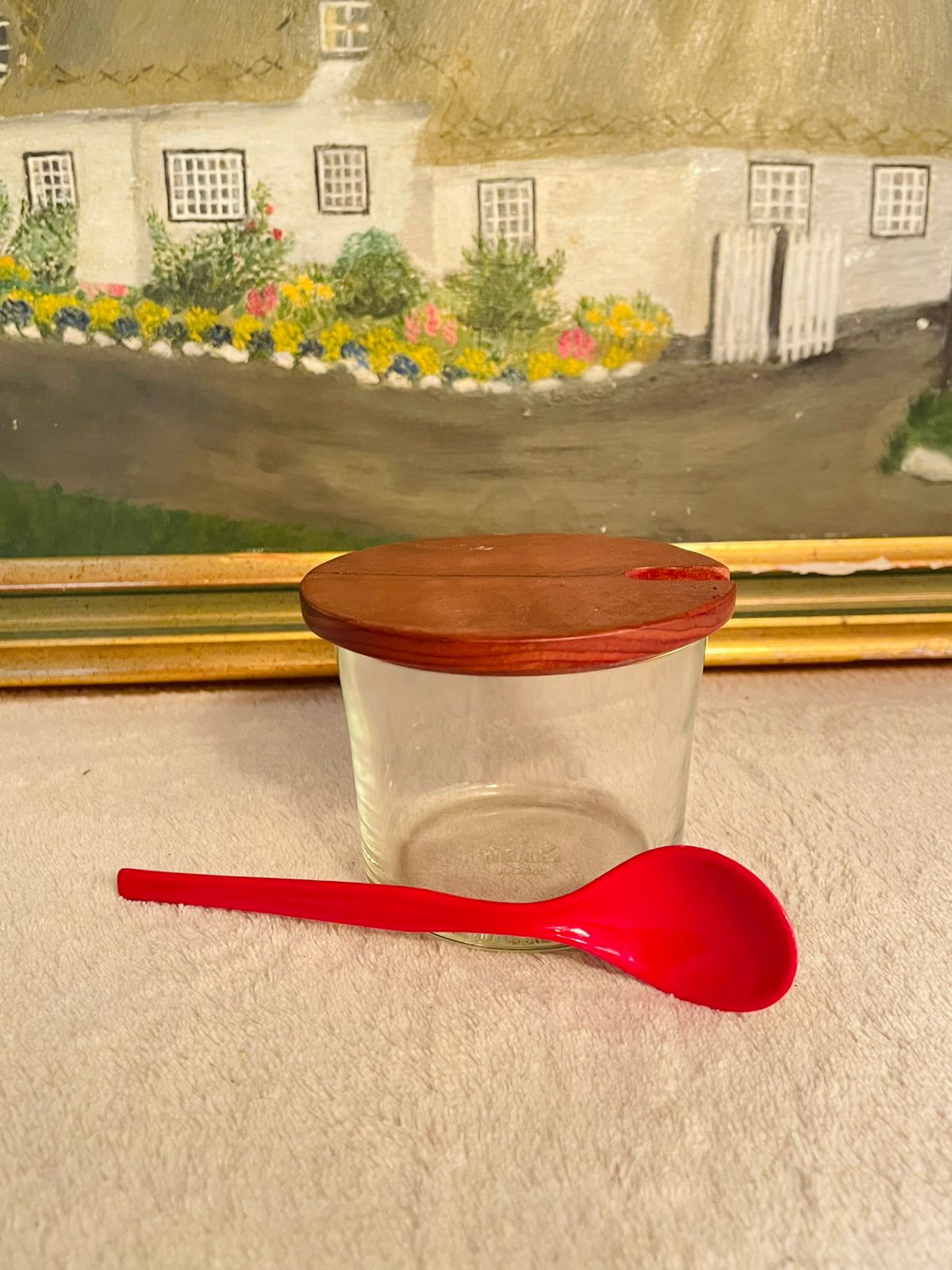 Glass Mini Cellar with Teak Lid & Spoon – Spice, Salt & Sugar Storage Jar