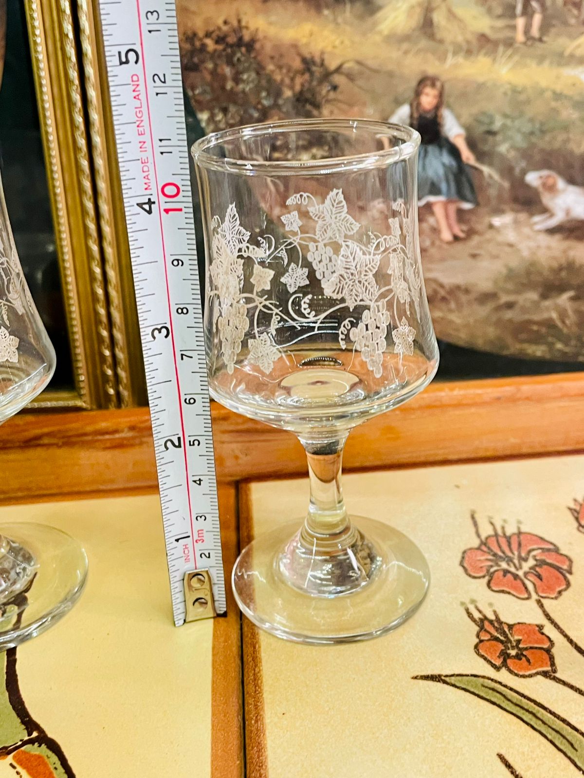 Set of 5 Etched Stem Dessert Glasses – Grape & Vine Pattern – Vintage Clear Glass