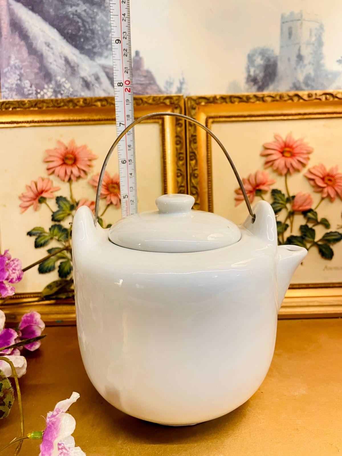 White Ceramic Teapot with Metal Handle