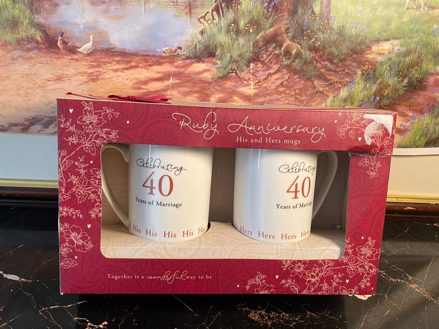 ruby anniversary mugs, his and hers mug set, 40 years of marriage gift, anniversary mugs set pakistan, ceramic couple mugs, wedding anniversary gift set, rare thrift finds pakistan, vintage inspired mugs, milestone celebration gifts, timeless couple gift ideas, curated vintage collection