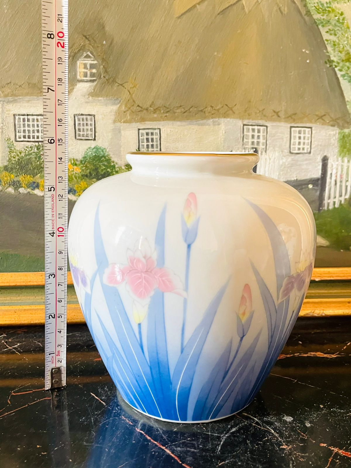 Vintage Japanese Porcelain Vase – Pastel Irises with Gold Rim
