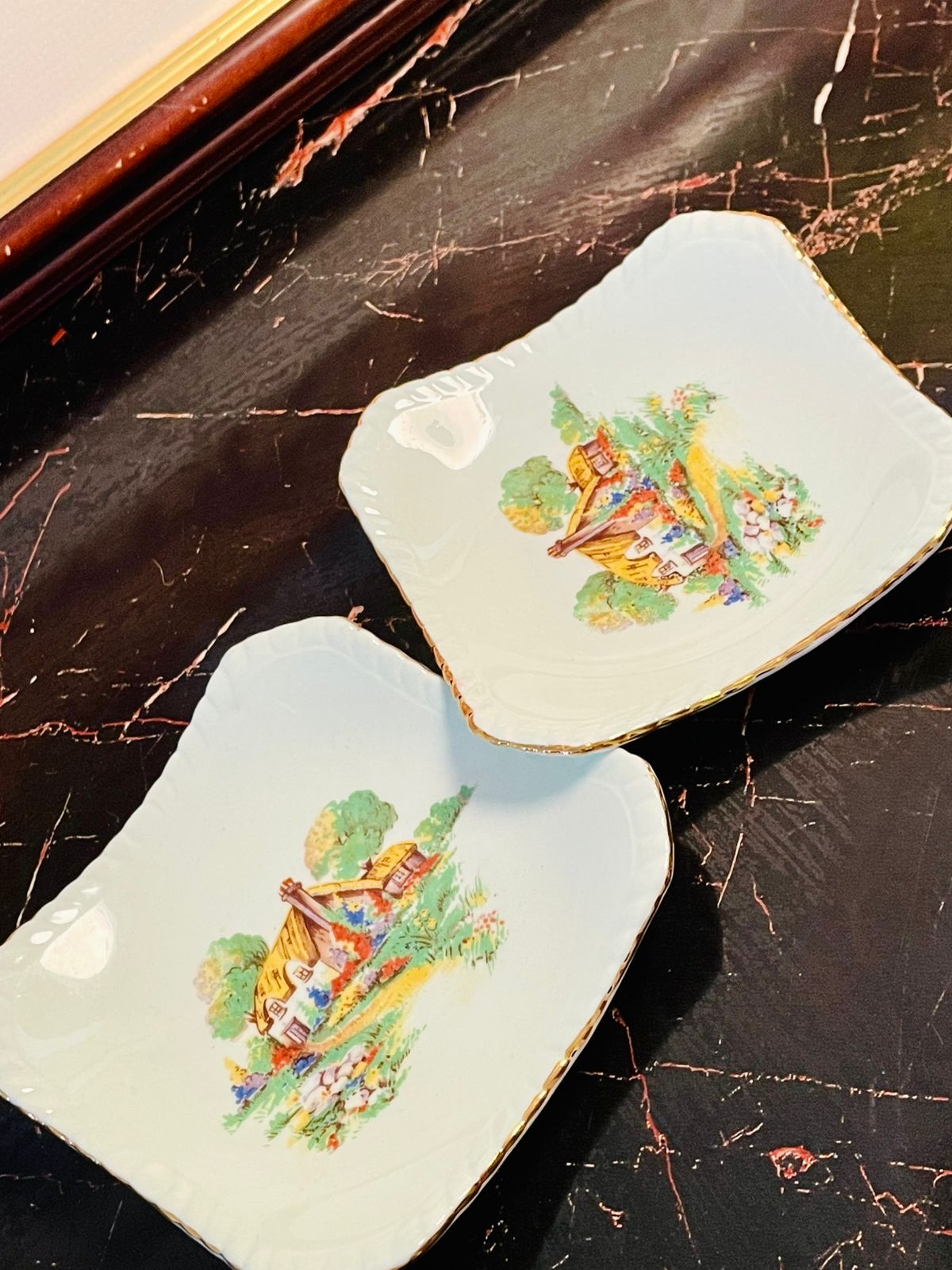 Vintage ROYAL Bone China Square Dish – Cottage Garden Scene – Made in England