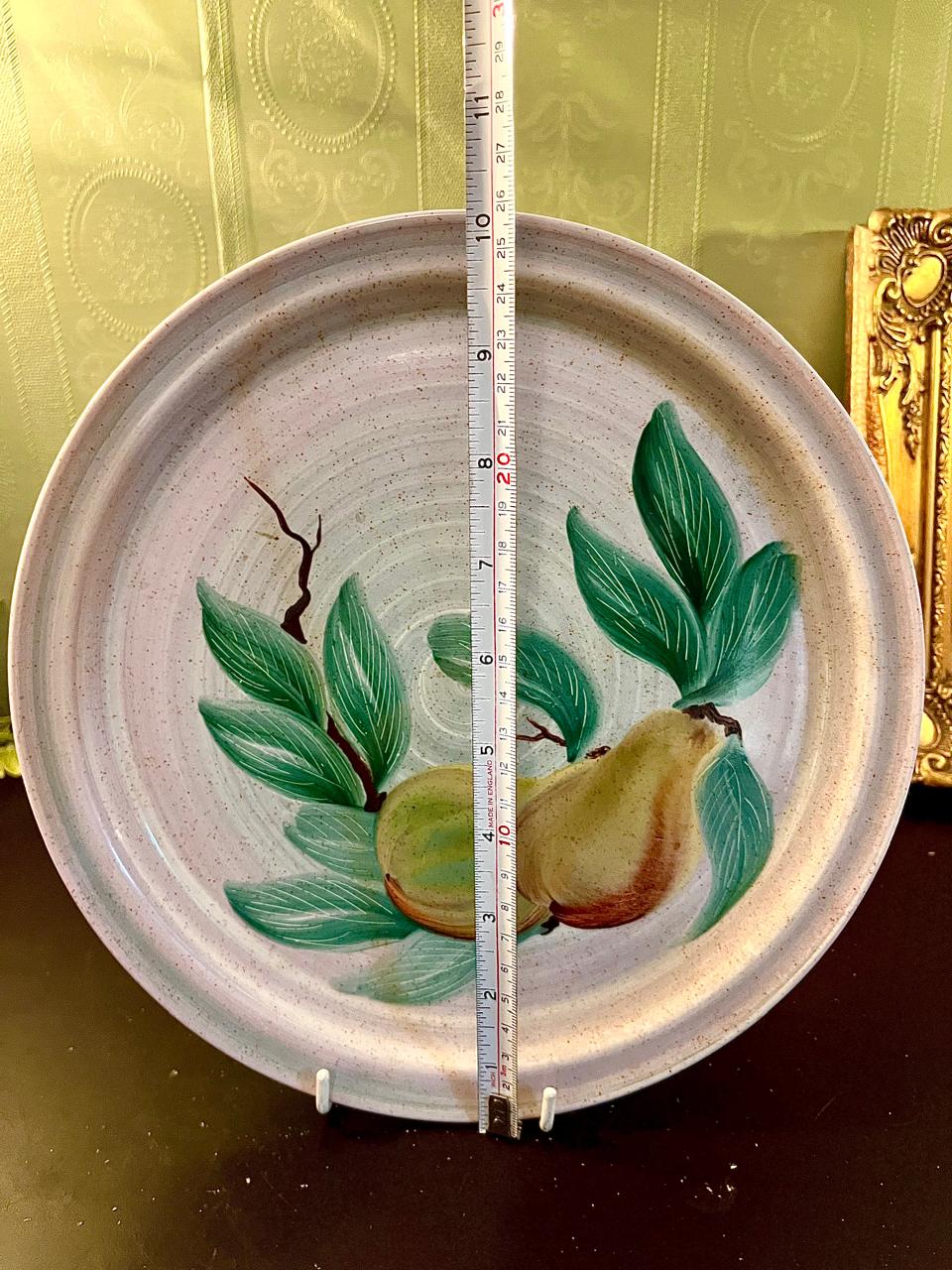 Vintage Hand-Painted Pear & Leaves Serving Plate 10 Inch Rustic Ceramic Platter