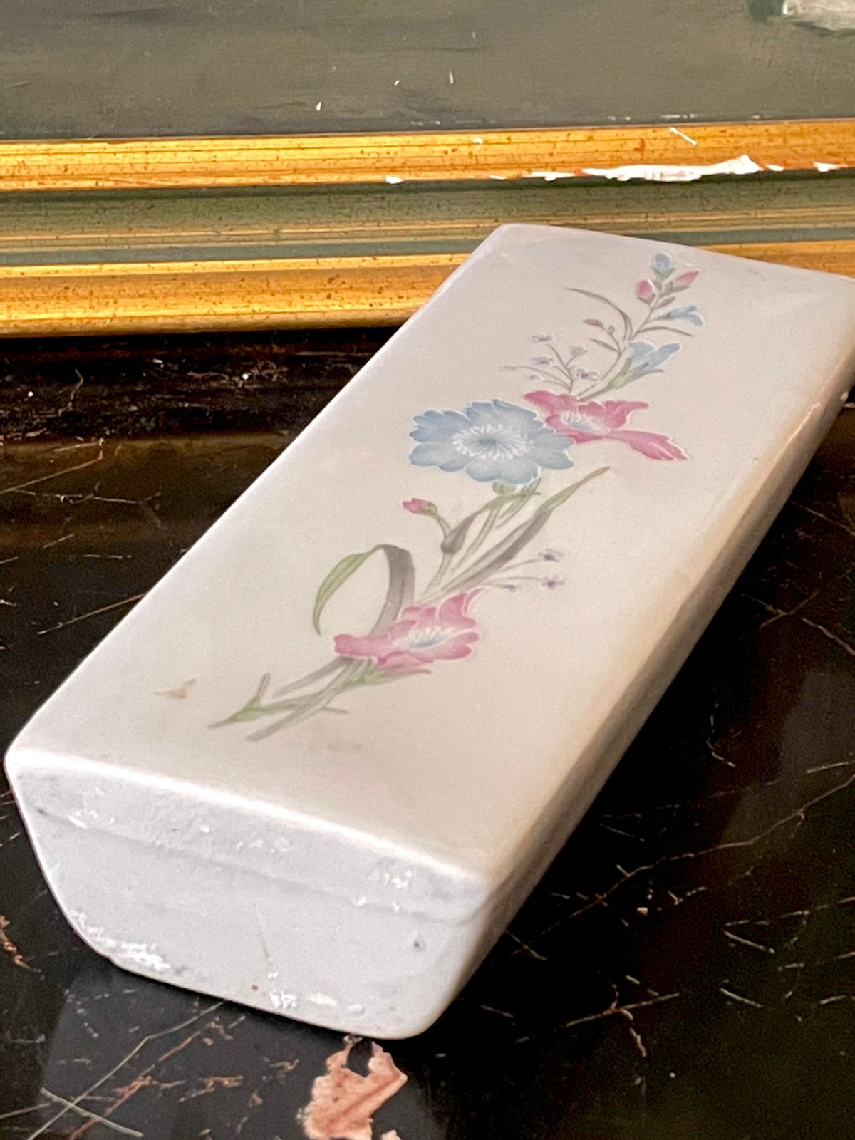Vintage Wall hanging vase - Floral Rectangular Ceramic Vase – Pastel Pink & Blue Blossoms (England)