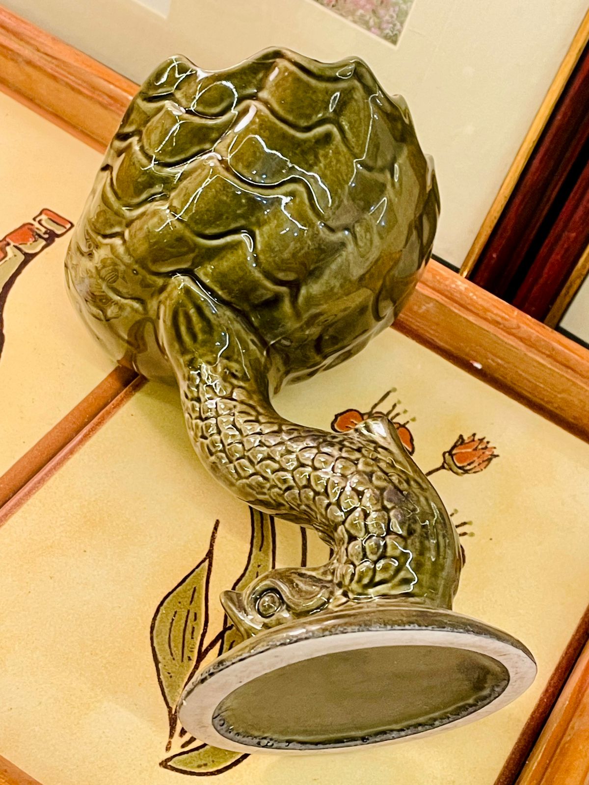 Vintage Dolphin Pedestal Dish – Green Glazed Ceramic Bowl