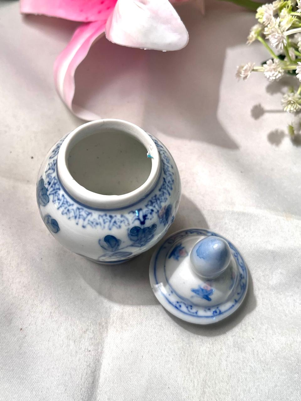 Blue & White Floral Lidded Ceramic Jar 3.5 Inch