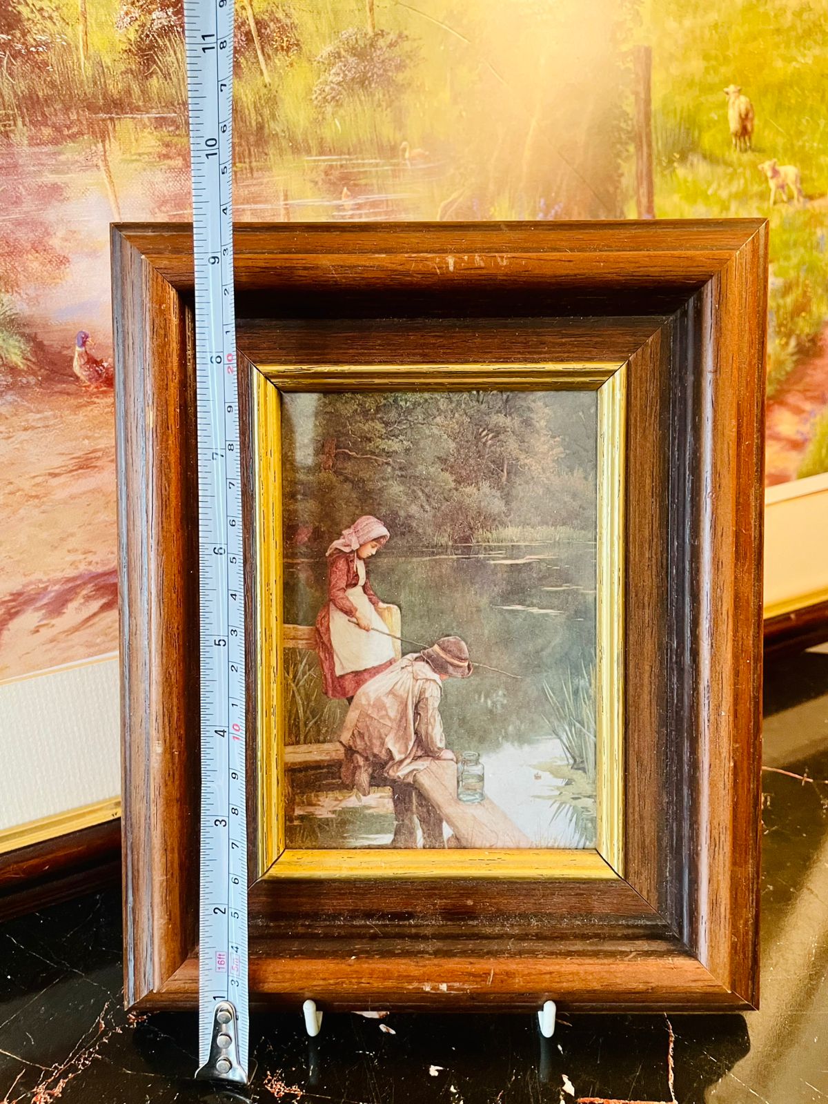 Vintage Framed Countryside Artwork – Rustic Wooden Frame Wall Art (Boy & Girl Fishing Scene)