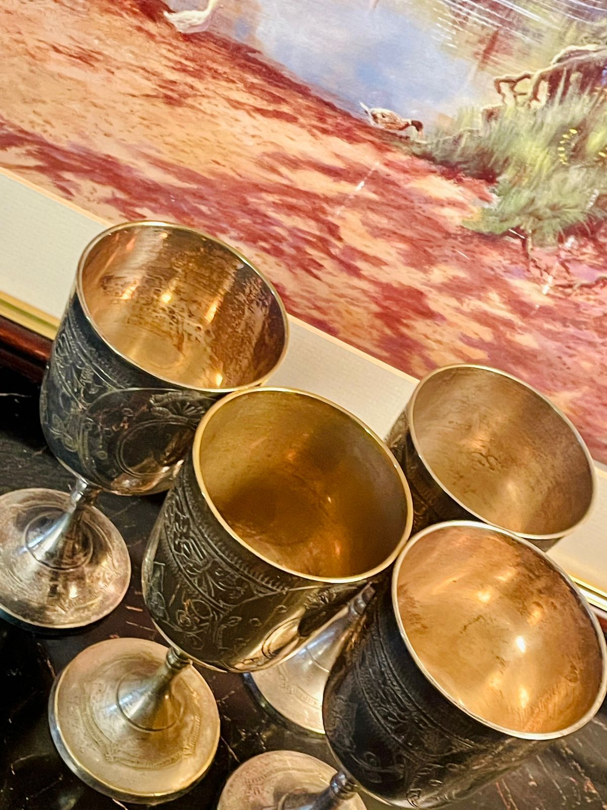 Vintage Engraved Metal Goblet Set (4 Pcs) – England