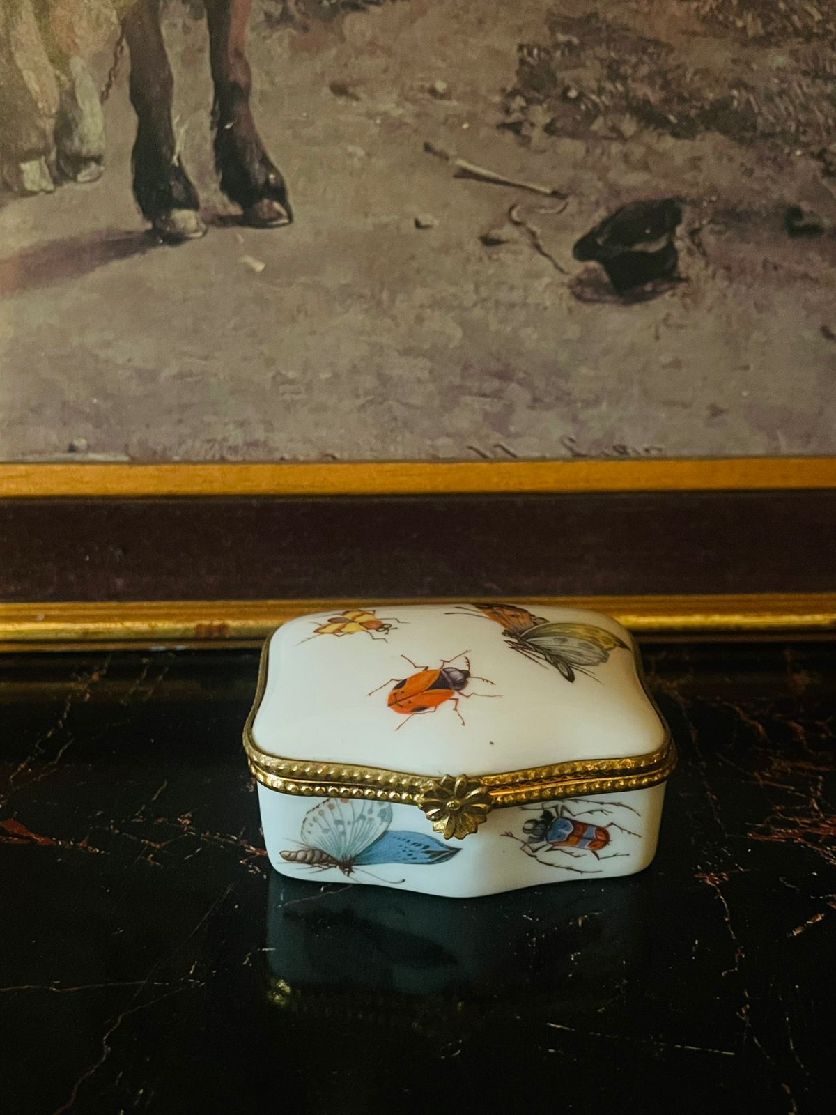 Vintage English Porcelain Trinket Box – Butterfly & Beetle Motif with Gold Rim