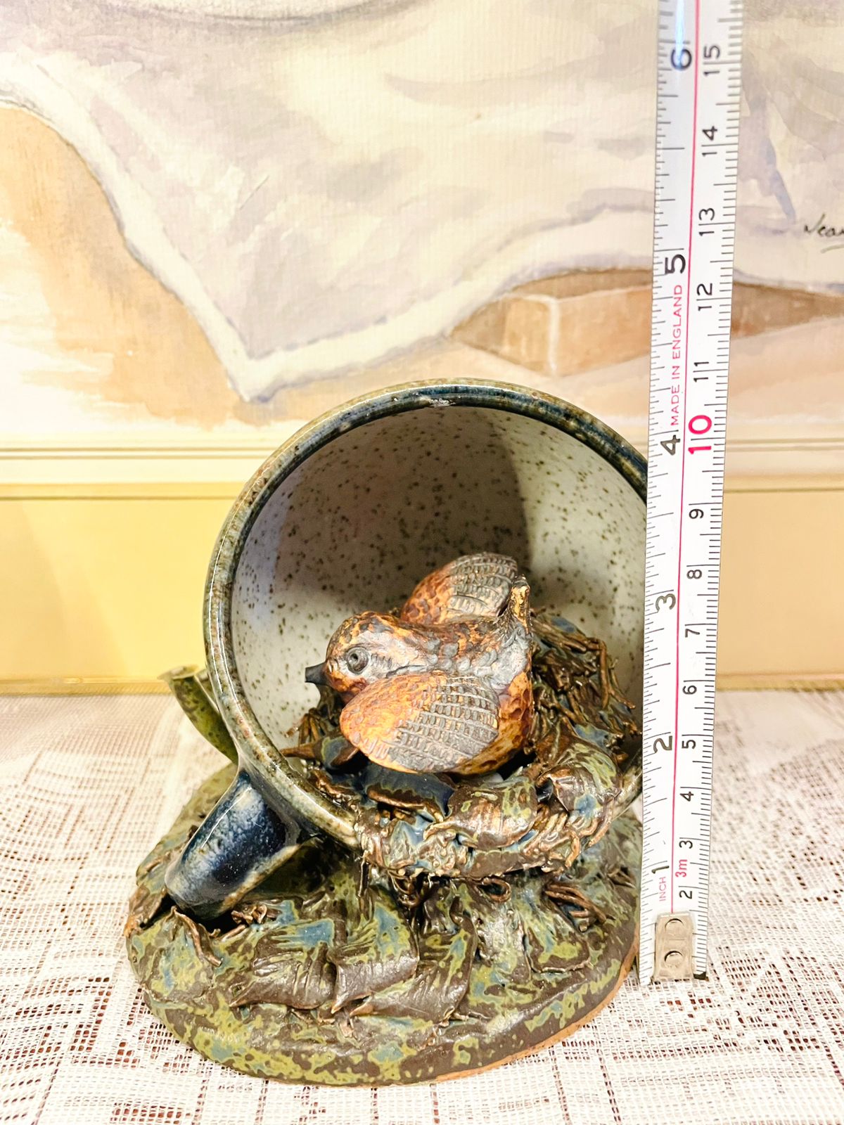 Vintage Bird in a Cup Ceramic Figurine - Handcrafted Nature-inspired Art