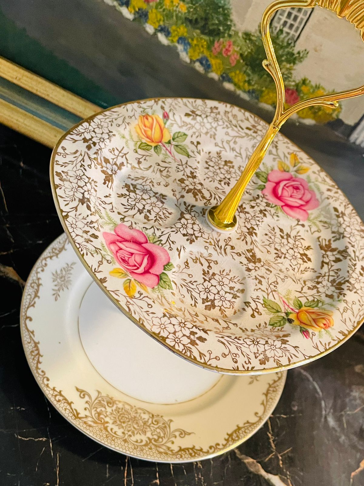 Vintage Limoges & Keystone 2-Tiered Serving Tray – Gold Filigree Porcelain