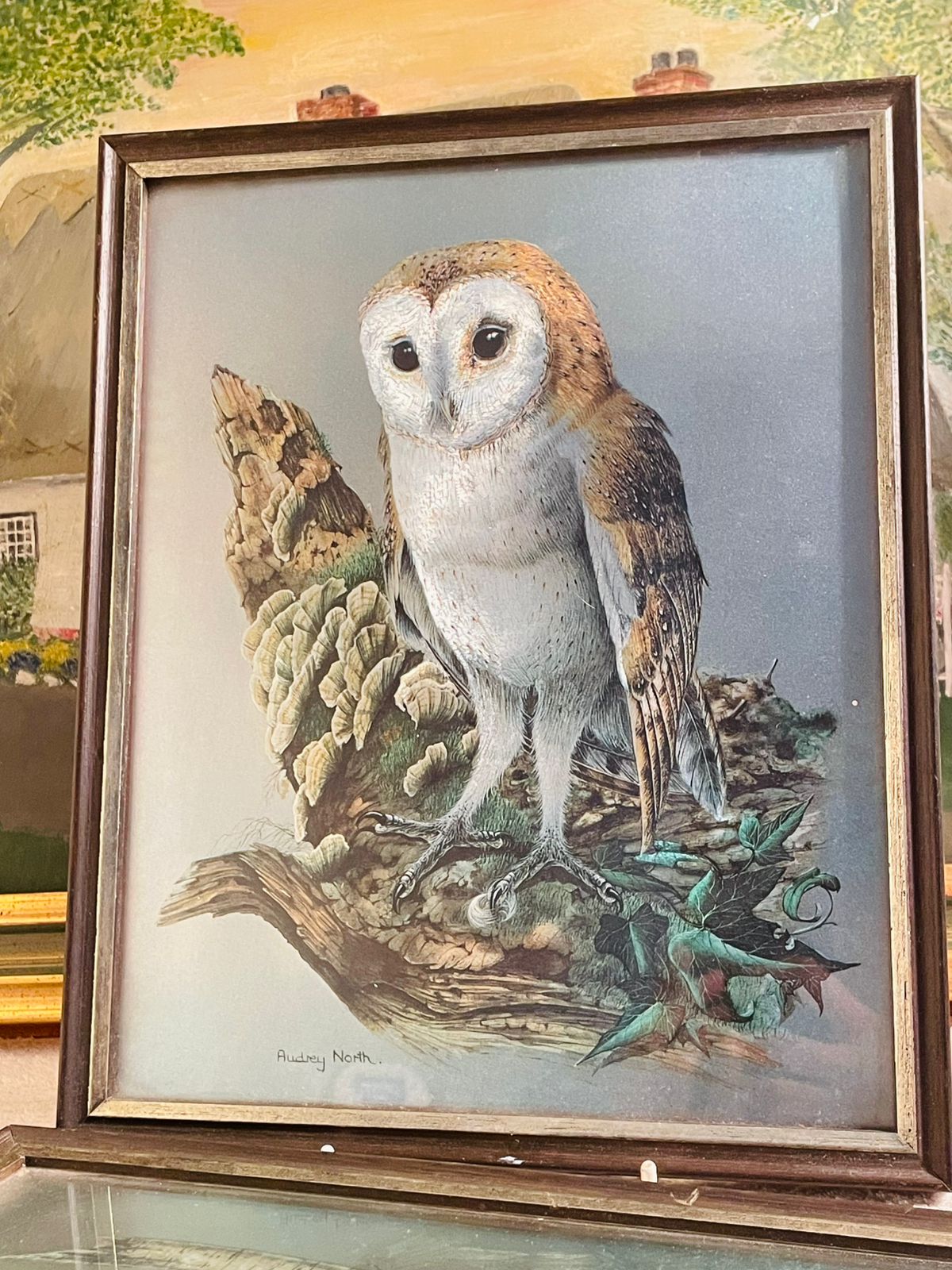Set of 2 Vintage Audrey North OWL Foil Lithograph Prints β 3D Illustration Framed Art