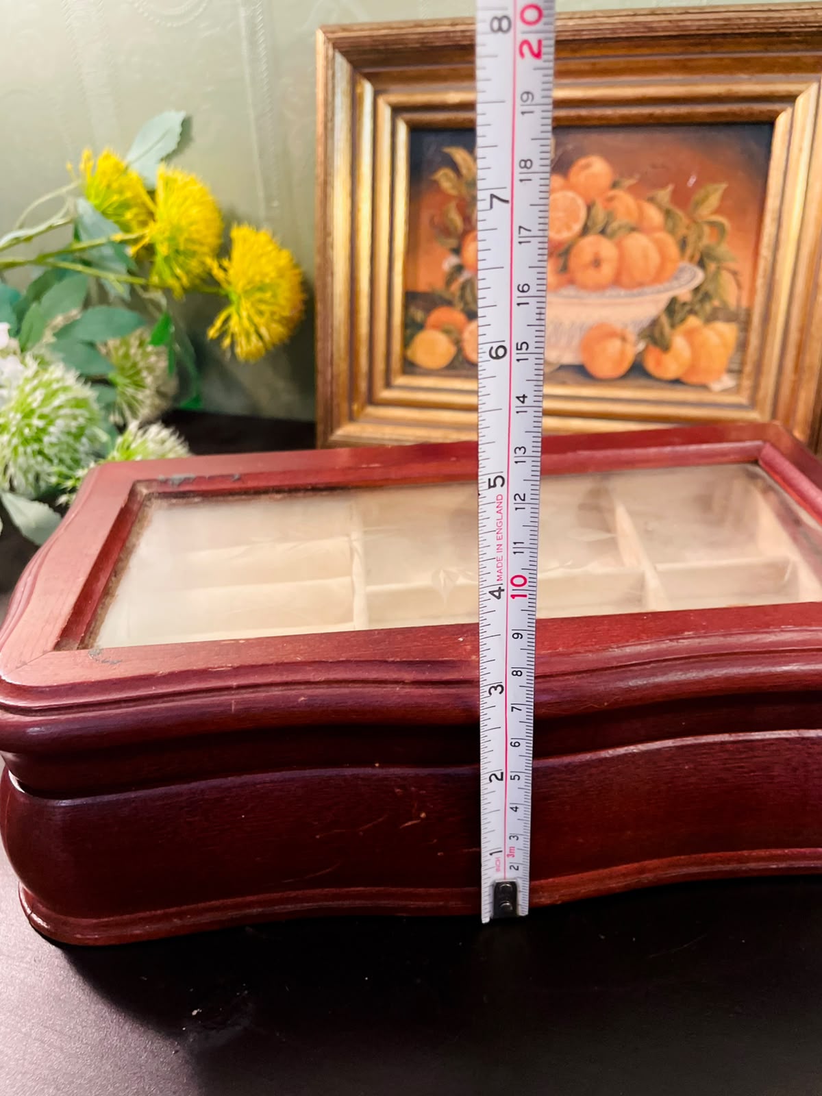 Vintage Wooden Glass Top Jewelry Box 4" Tall Display Storage Case