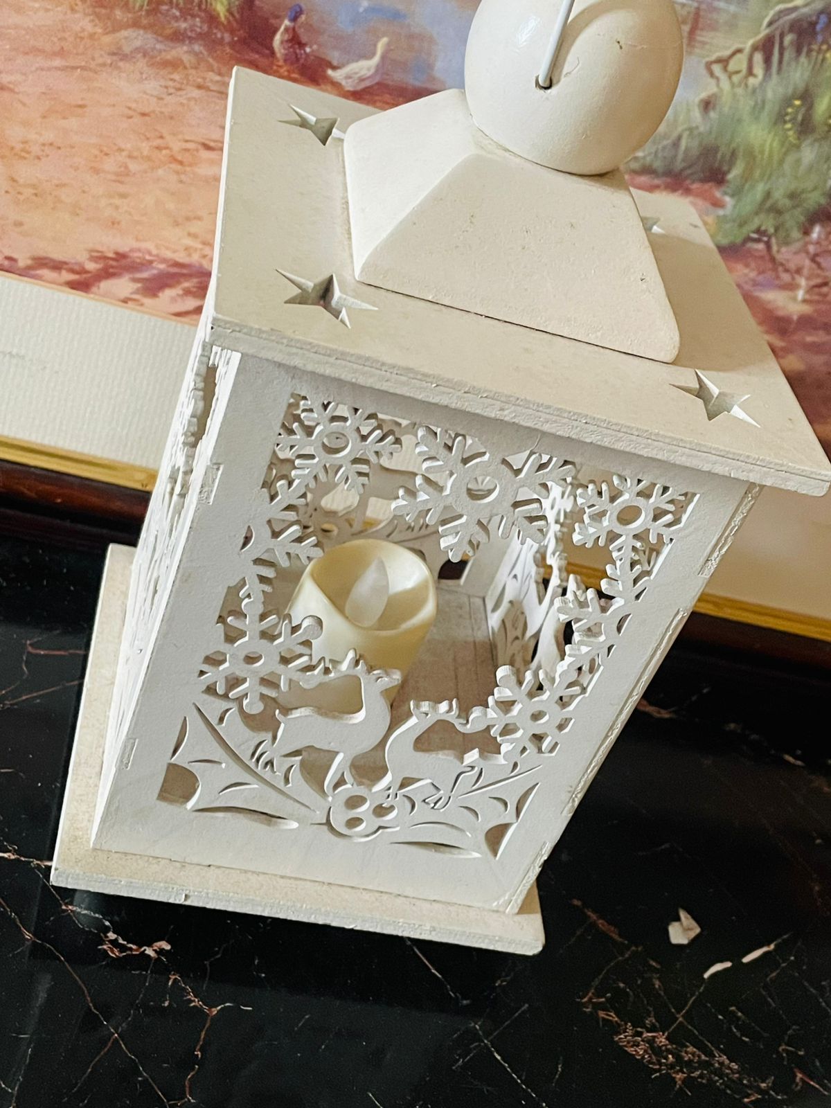 Vintage Wooden LED Lantern – Reindeer Cutwork Design (Battery Operated) Home Decor