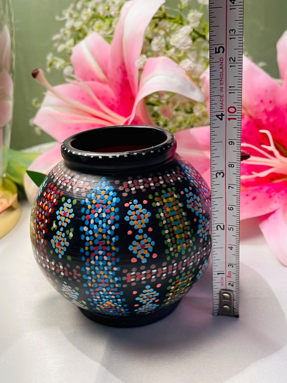 Hand painted Black Multicolour Dot Decorative Vase Approx. 9 cm