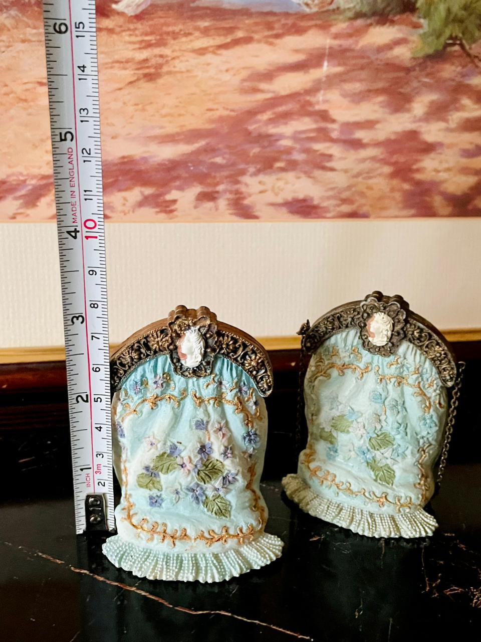 Pair of Vintage Victorian-Style Mini Purses – Embroidered with Cameo Clasps