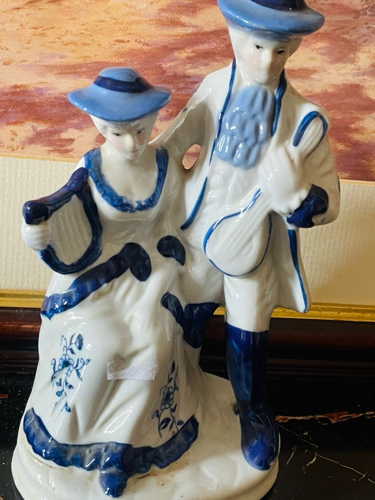 Vintage Blue and White Porcelain Colonial Couple with Musical Instruments (England) Blue Pottery Home Decor